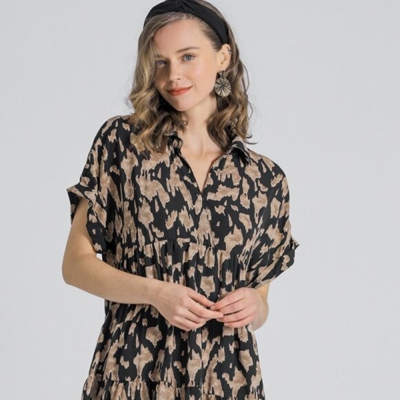 Umgee NEW Linen Blend Animal Print Collared Tiered Mini Dress Short Sleeve S M - Picture 2 of 3